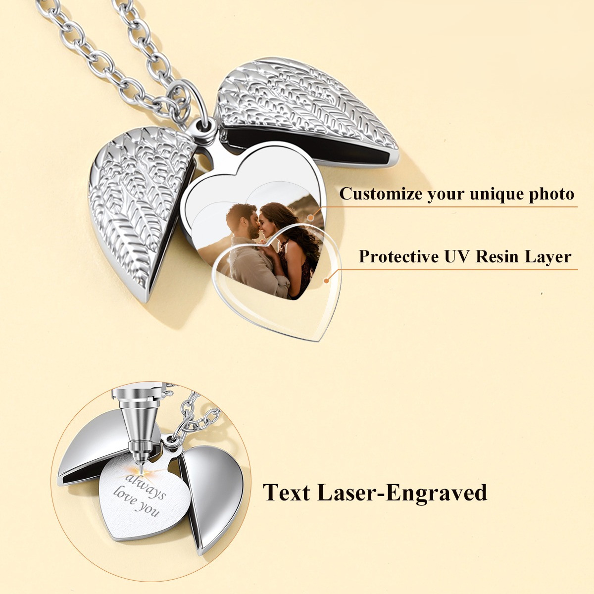 Personalized Photo Angel Wing Heart Locket Necklace For Women
