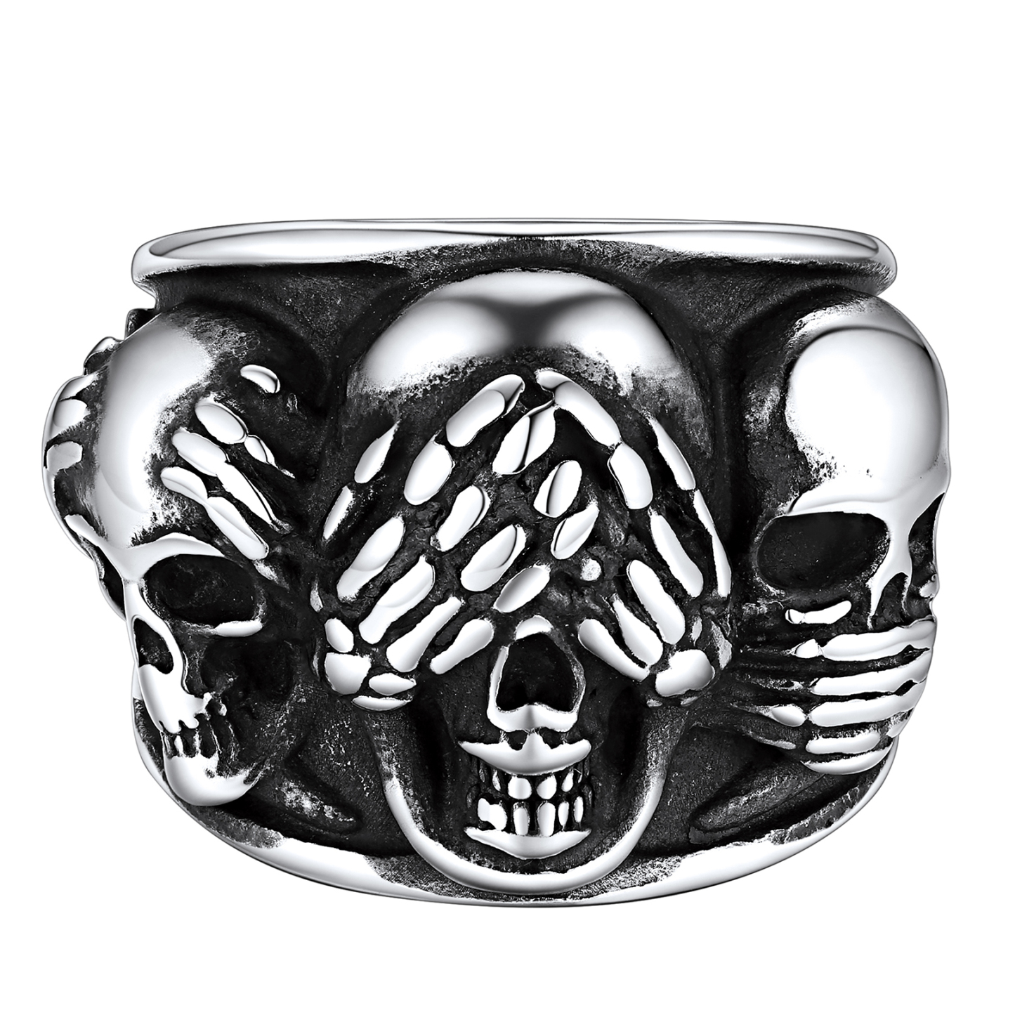 Stainless Steel Skull Ring Three Wise Monkeys -See Hear Speak No Evil Gift