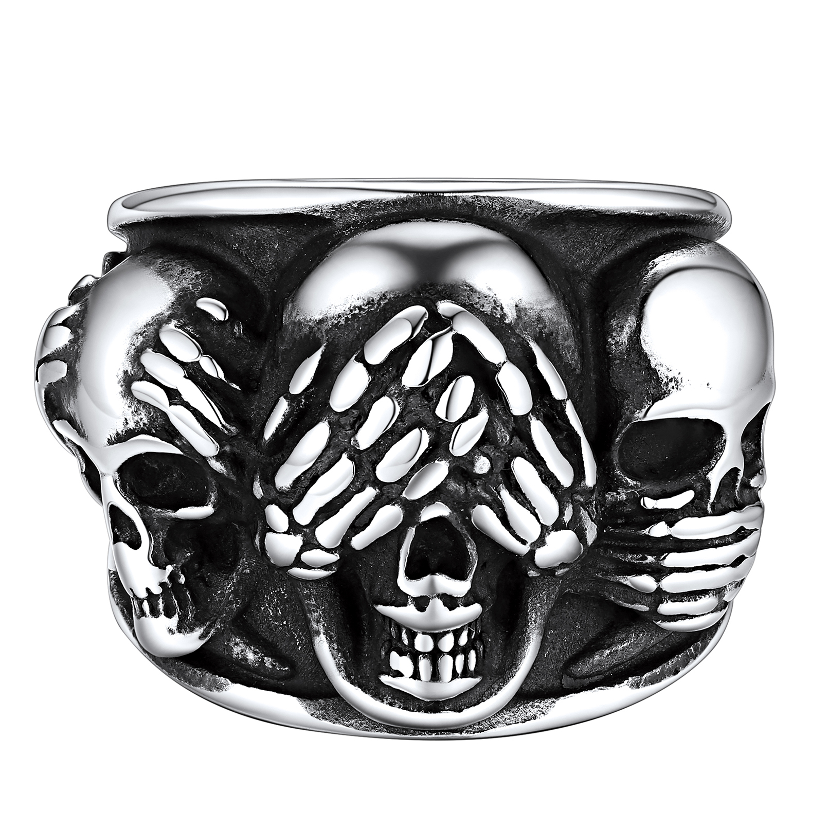 Stainless Steel Skull Ring Three Wise Monkeys -See Hear Speak No Evil Gift