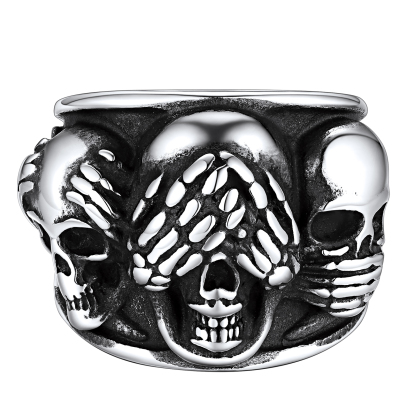 Stainless Steel Skull Ring Three Wise Monkeys -See Hear Speak No Evil Gift