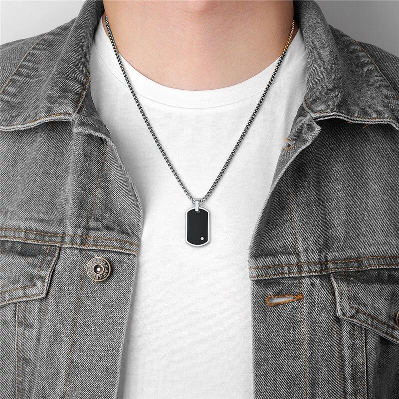 Engraved Dog Tag Pendant Necklace with Diamond for Men