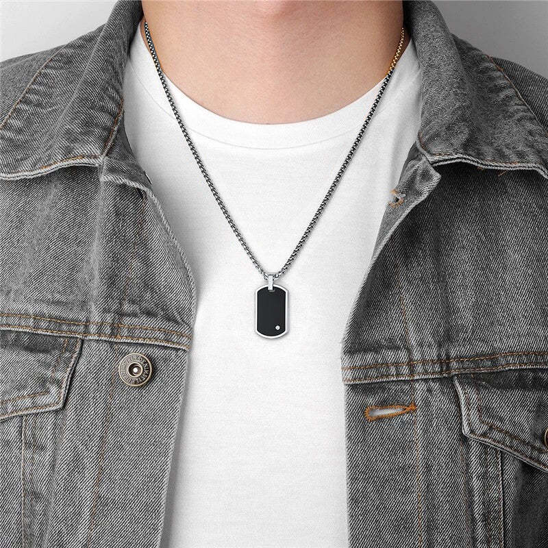 Engraved Dog Tag Pendant Necklace with Diamond for Men