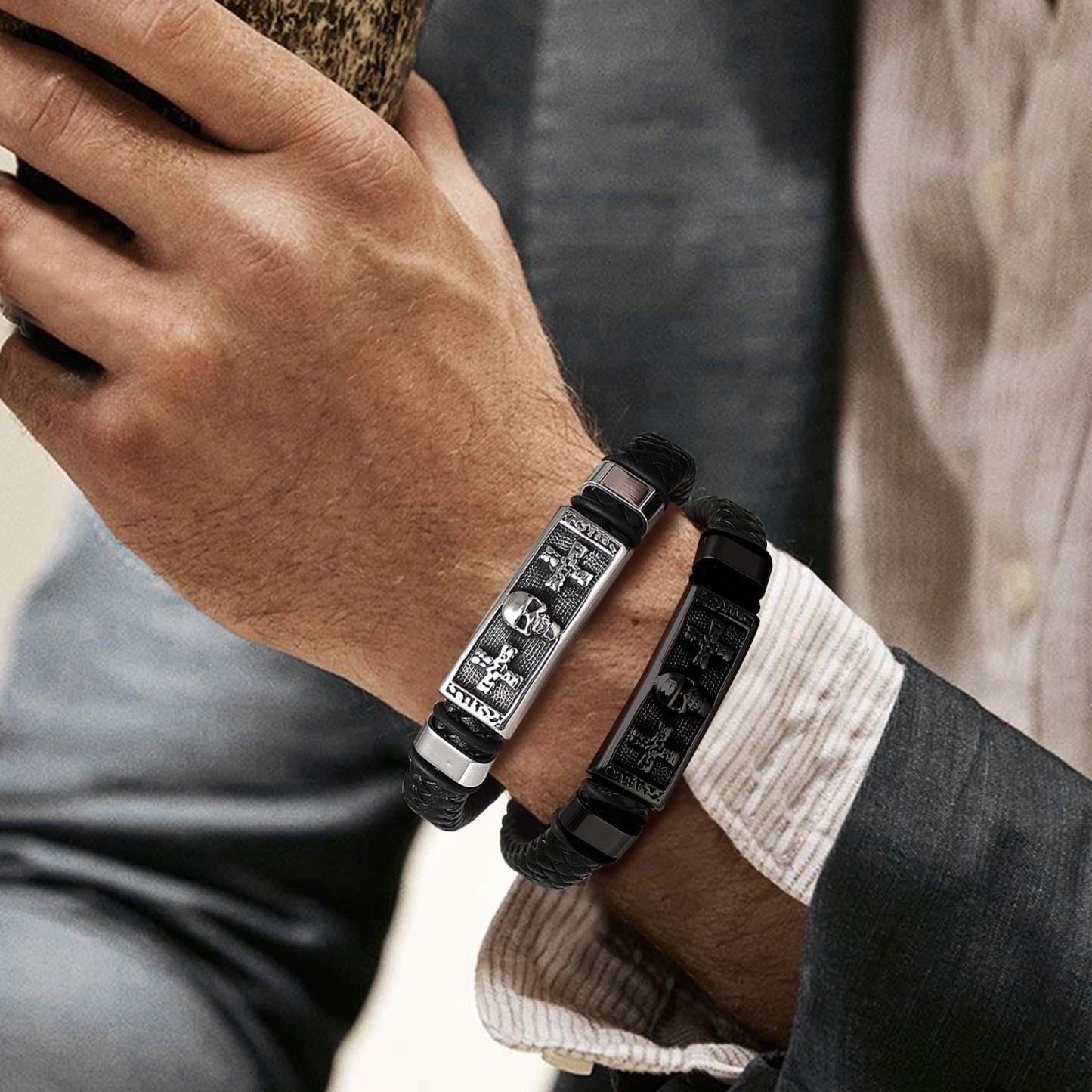Skull Cross Leather Bracelet for Men