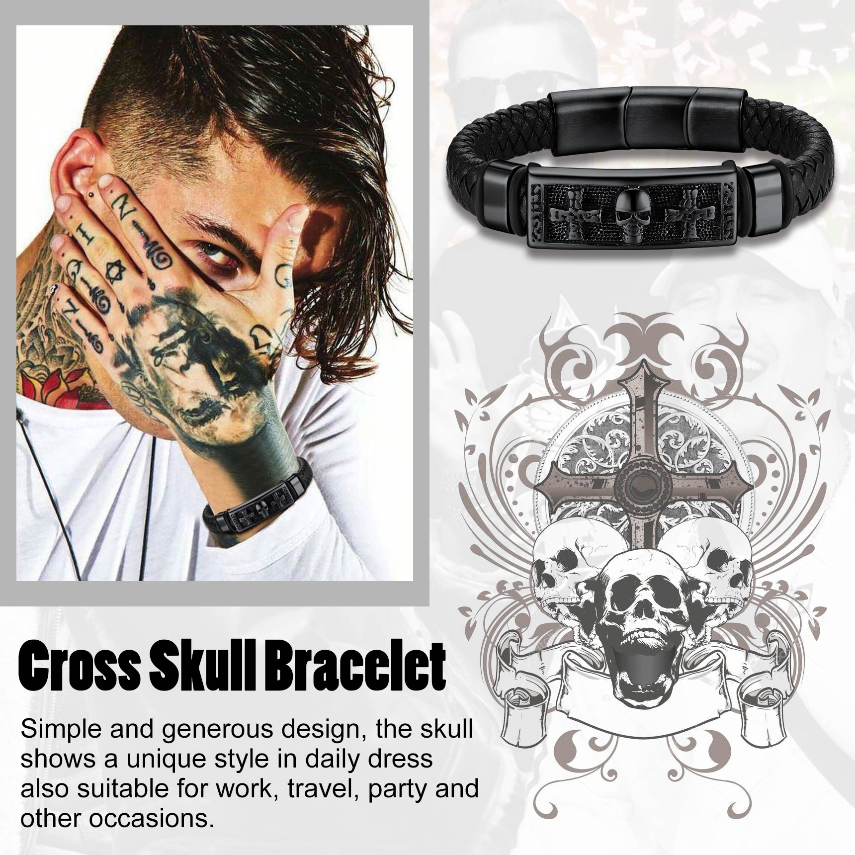 Skull Cross Leather Bracelet for Men