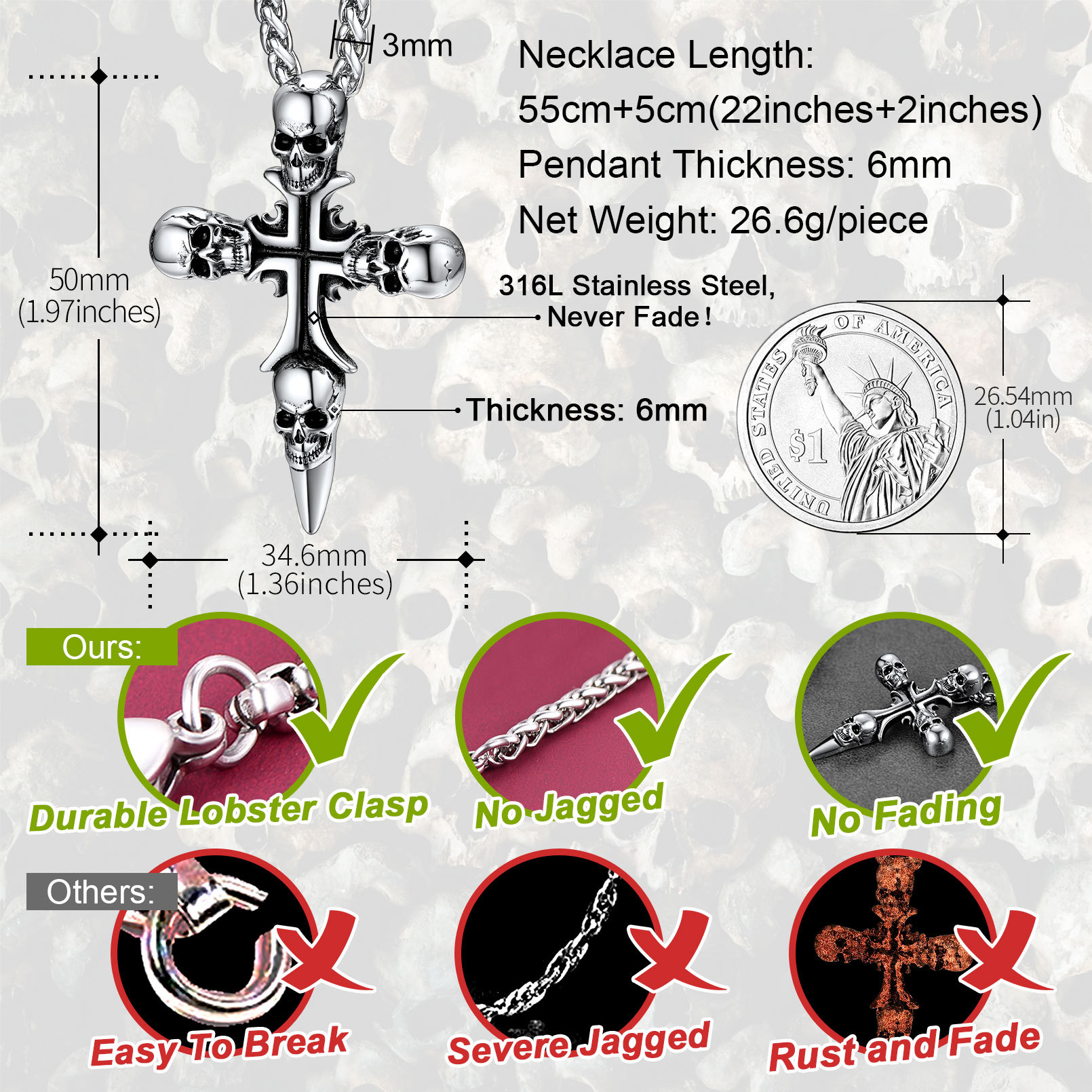 Skull Cross Pendant Necklace Size