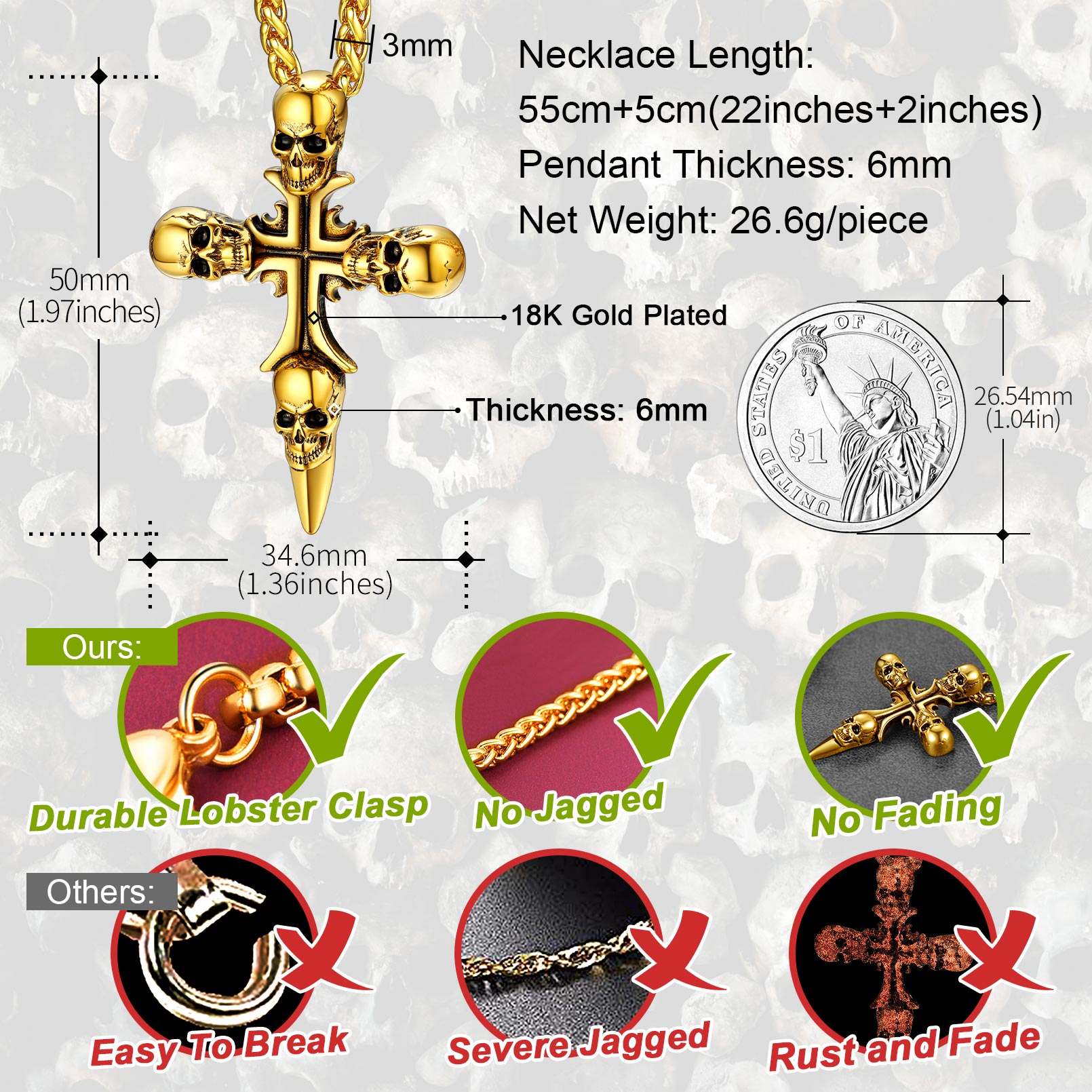 Skull Cross Pendant Necklace For Men