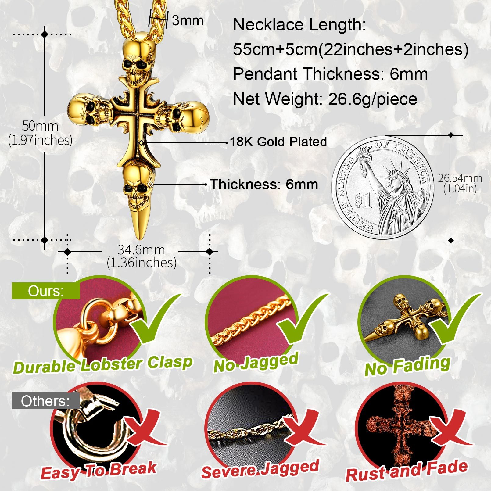 Skull Cross Pendant Necklace For Men