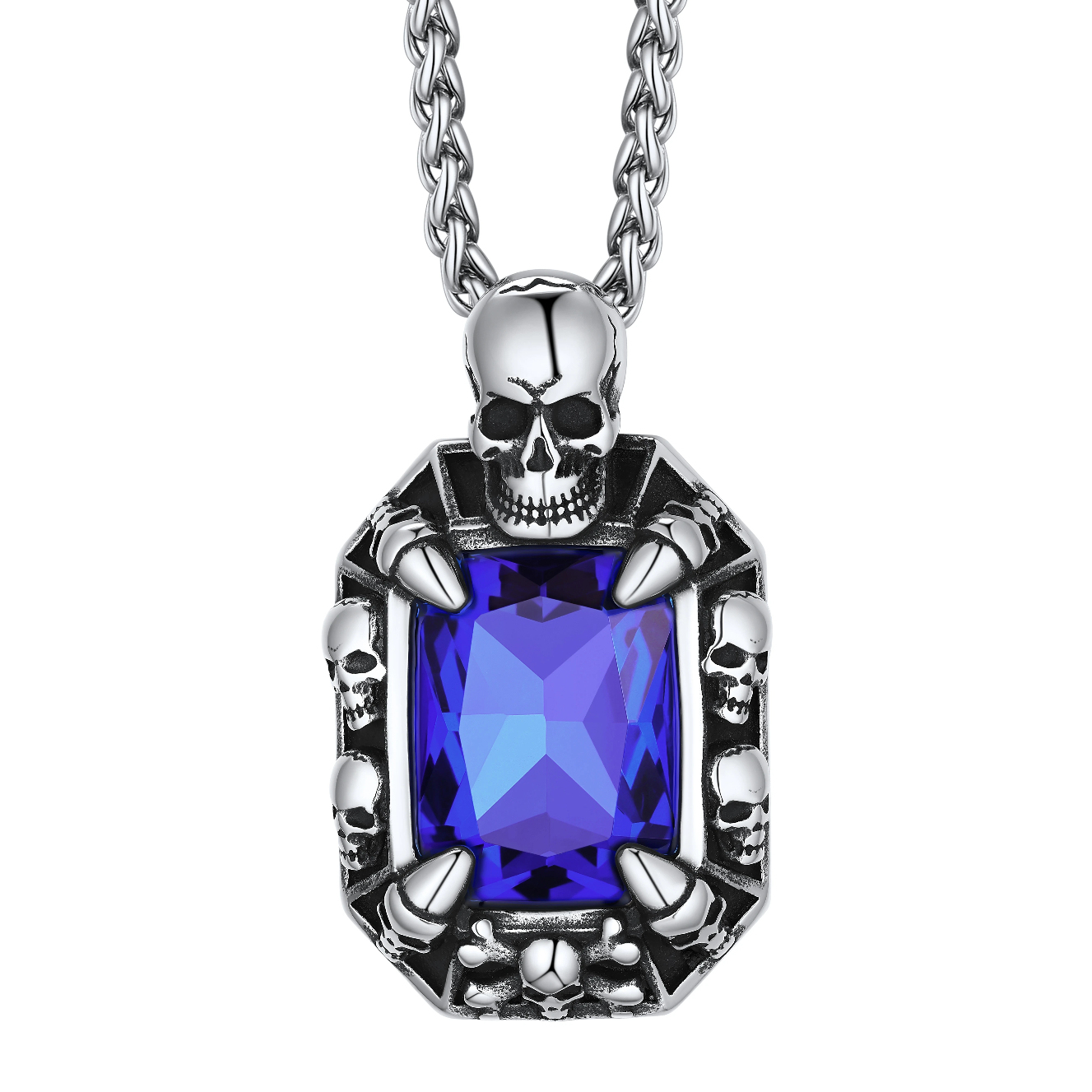 Skull Red Ruby Pendant Necklace, Stainless Steel Rope Chain, Biker Gift for Him