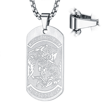 St. Michael Dog Tag Stainless Steel Pendant Necklace for Men Women