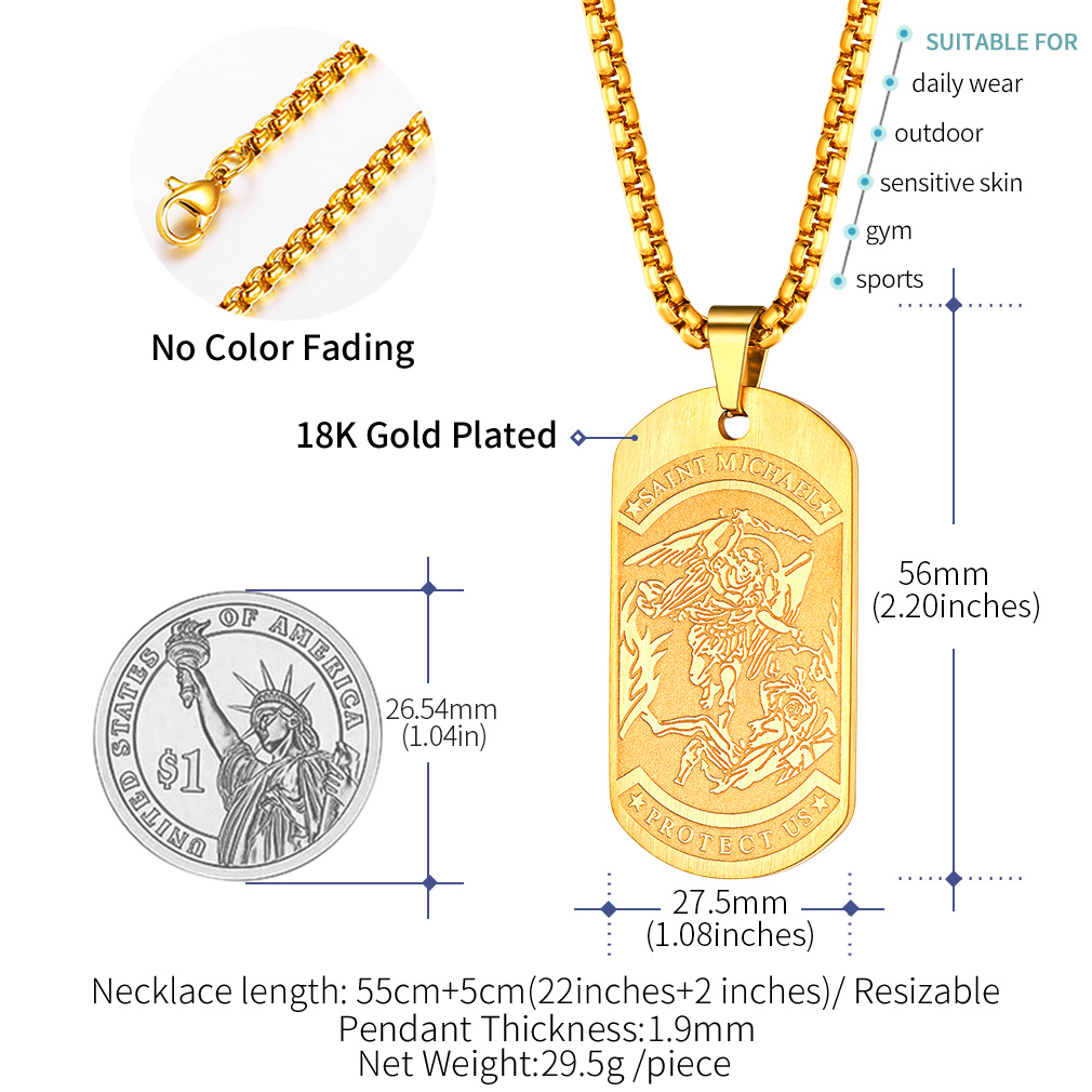 St. Michael Dog Tag Stainless Steel Pendant Necklace for Men Women