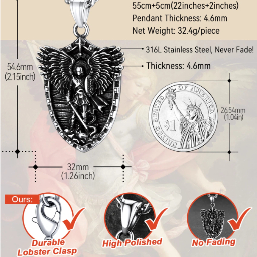 St. Michael Shield Stainless Steel Pendant Necklace for Men