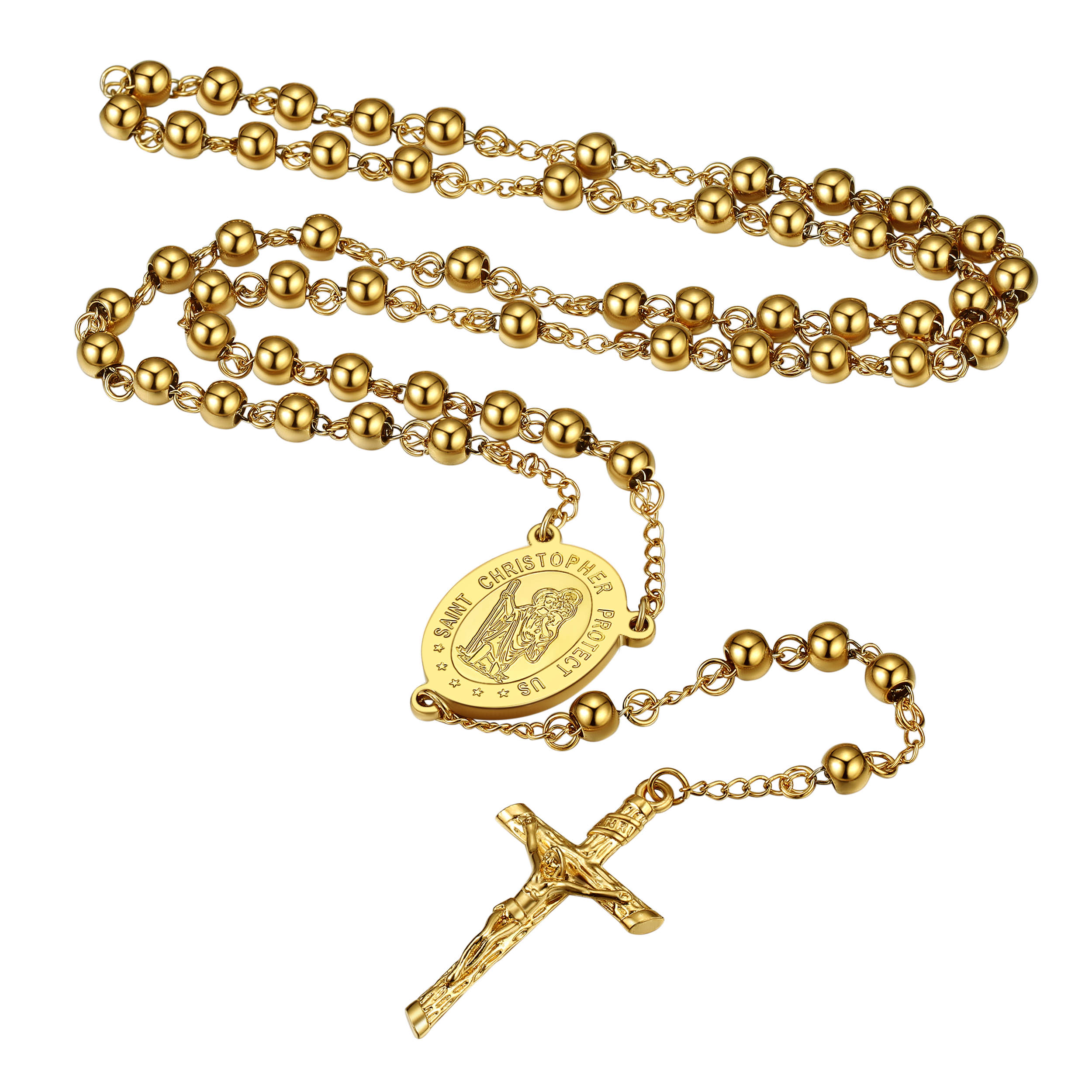 Stainless Steel 6mm Beads Saint Christopher Cross Pendant for Men Women