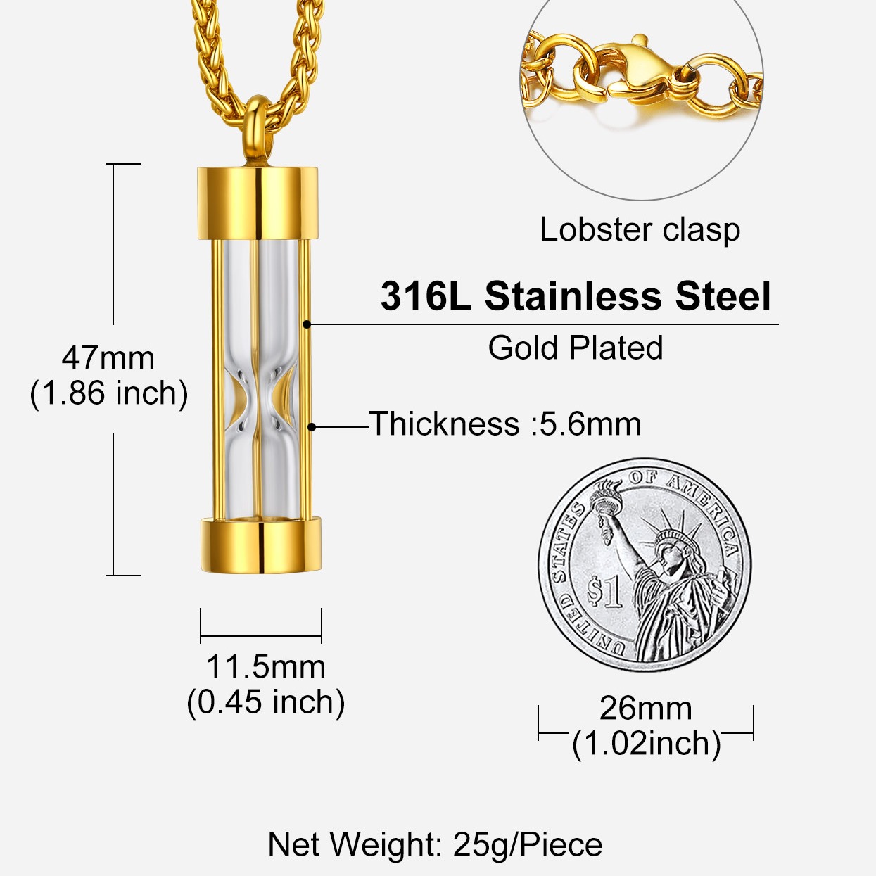 Stainless Steel  Hourglass Cremation Urn Necklace For Men