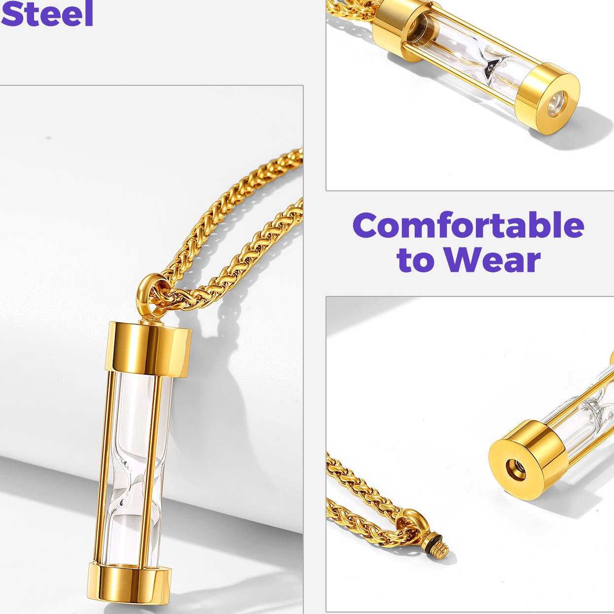 Stainless Steel  Hourglass Cremation Urn Necklace For Men