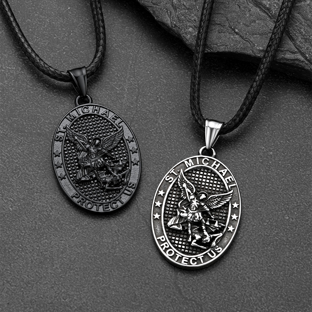 Stainless Steel Oval St. Michael Pendant Necklace for Men