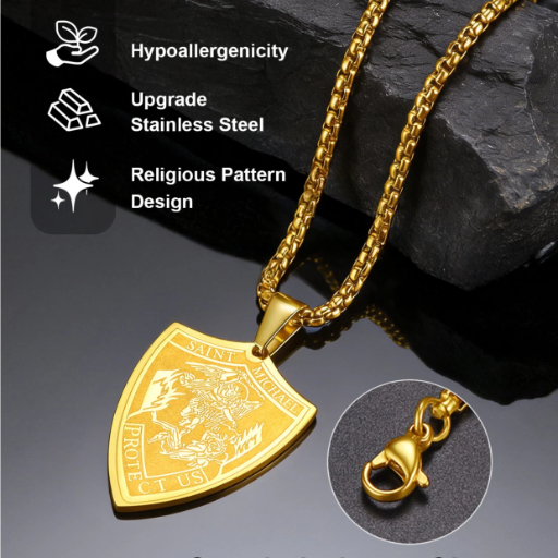 Stainless Steel Shield Michael Angel Necklace for Men