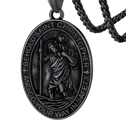 Stainless Steel St. Christopher Oval Pendant Necklace For Men