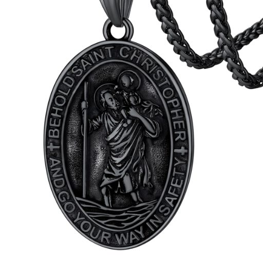 Stainless Steel St. Christopher Oval Pendant Necklace For Men