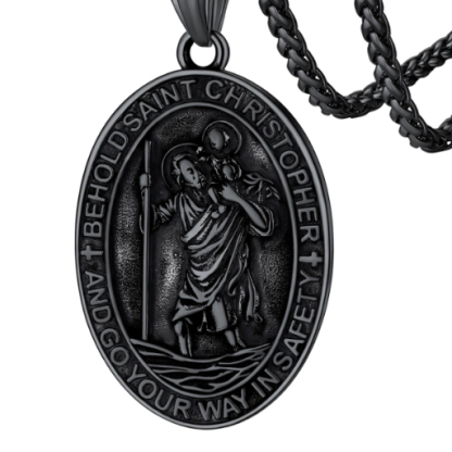 Stainless Steel St. Christopher Oval Pendant Necklace For Men