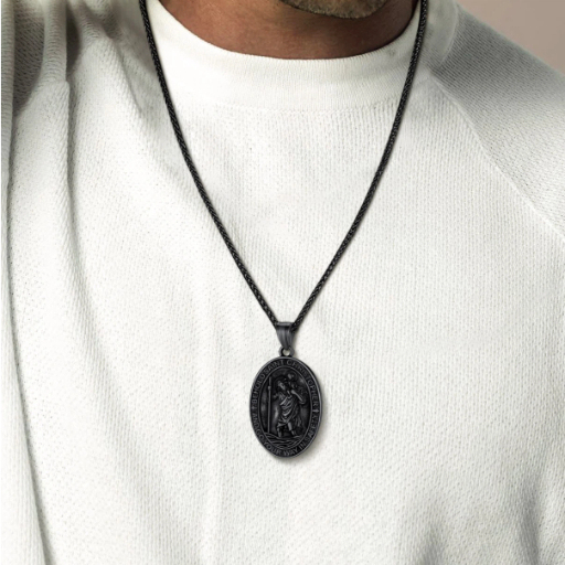 Stainless Steel St. Christopher Oval Pendant Necklace For Men