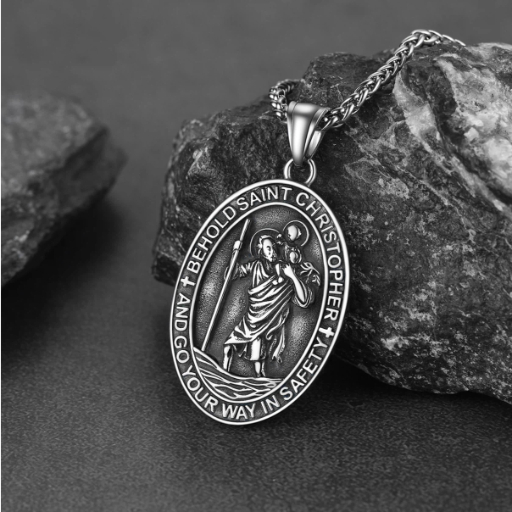 Stainless Steel St. Christopher Oval Pendant Necklace For Men
