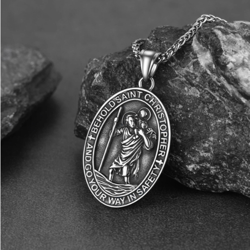 Stainless Steel St. Christopher Oval Pendant Necklace For Men