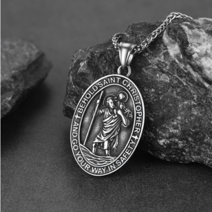 Stainless Steel St. Christopher Oval Pendant Necklace For Men