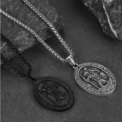 Stainless Steel St. Christopher Oval Pendant Necklace For Men