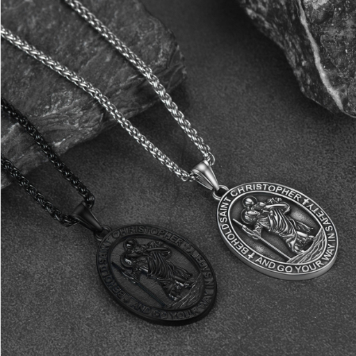 Stainless Steel St. Christopher Oval Pendant Necklace For Men