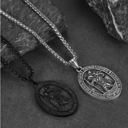 Stainless Steel St. Christopher Oval Pendant Necklace For Men