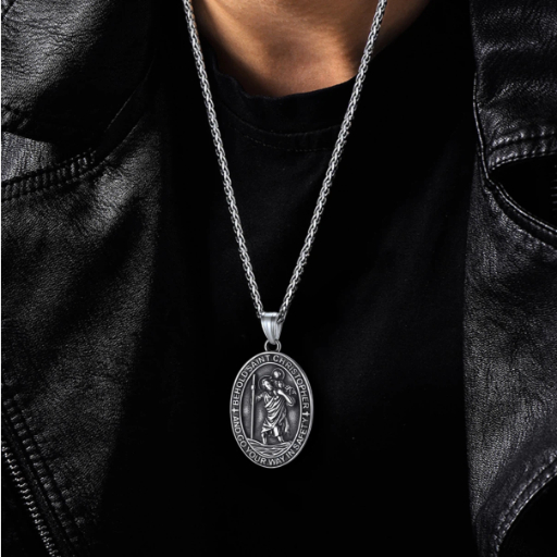 Stainless Steel St. Christopher Oval Pendant Necklace For Men