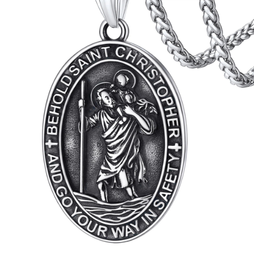 Stainless Steel St. Christopher Oval Pendant Necklace For Men