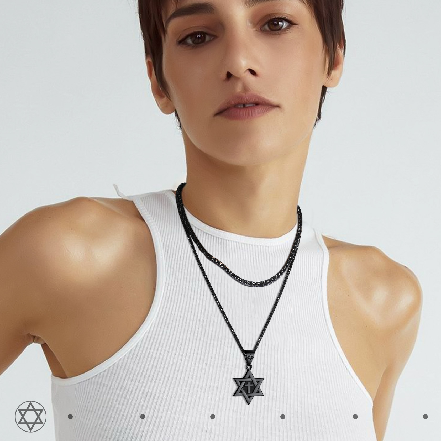 Stainless Steel Jewish Star of David with Cross Pendant Necklace for Men Women