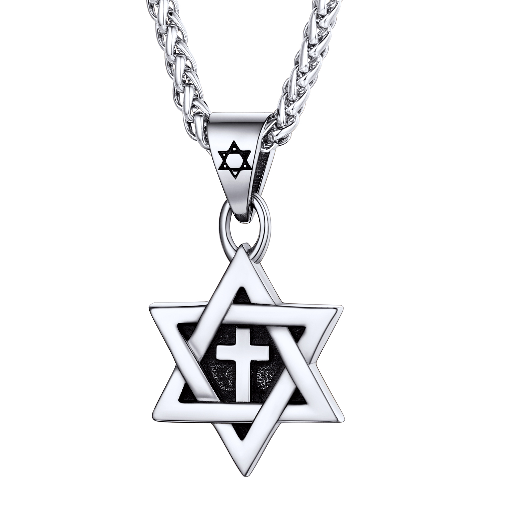 Jewish Star of David with Cross Pendant Necklace for Men Women in Stai