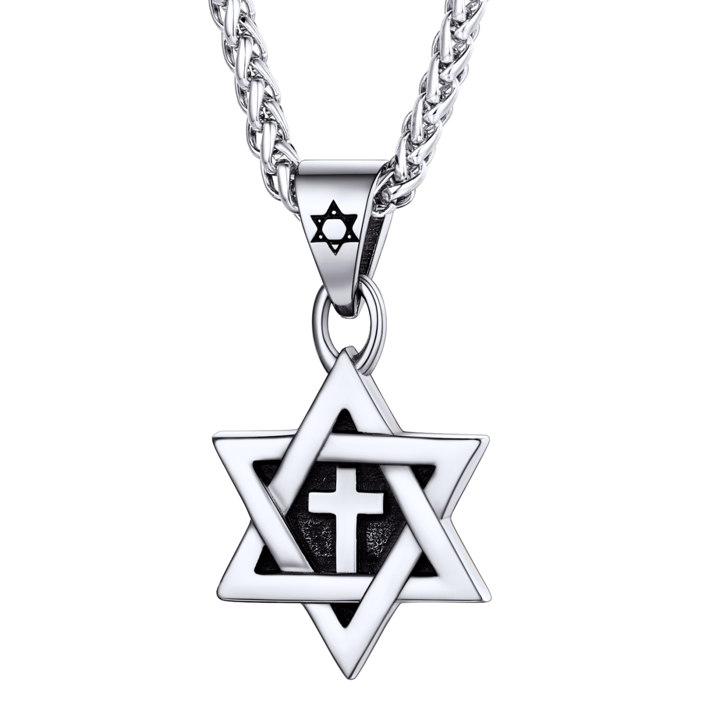 Jewish Star of David with Cross Pendant Necklace for Men Women in Stai