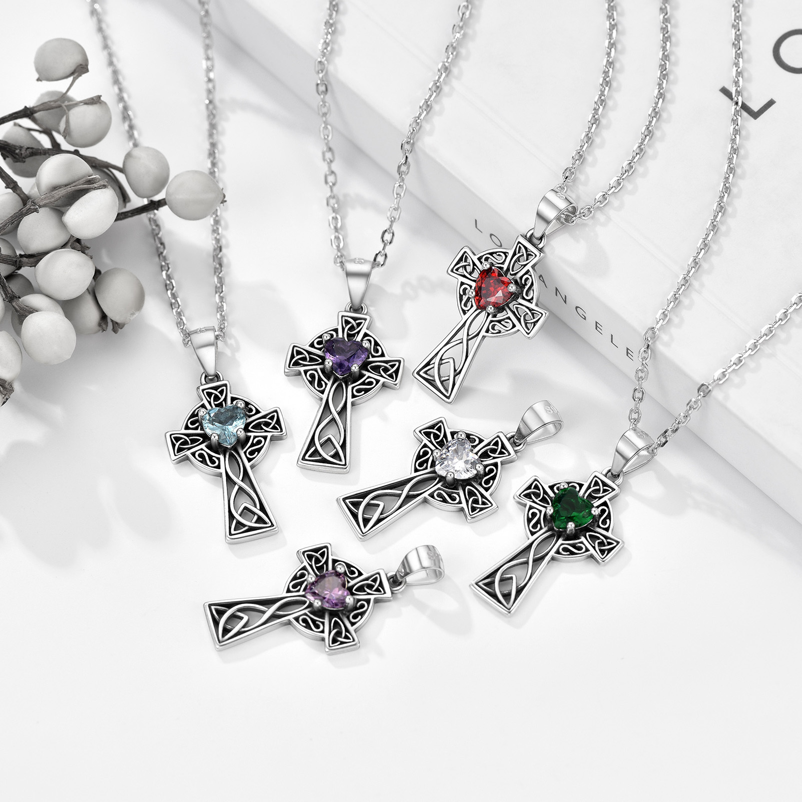 Sterling Silver Cross Necklace with Birthstone for Women