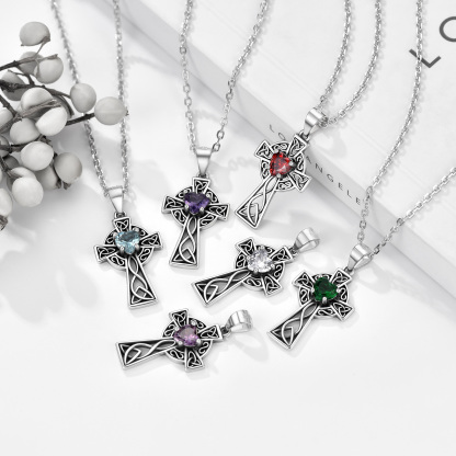 Sterling Silver Cross Necklace with Birthstone for Women