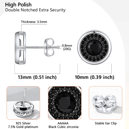 Sterling Silver Round Zircon Stud Earrings For Men Women