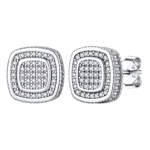 Sterling Silver Square CZ Stud Earrings Full Sparkle For Men Women