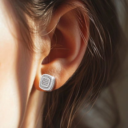 Sterling Silver Square CZ Stud Earrings Full Sparkle For Men Women