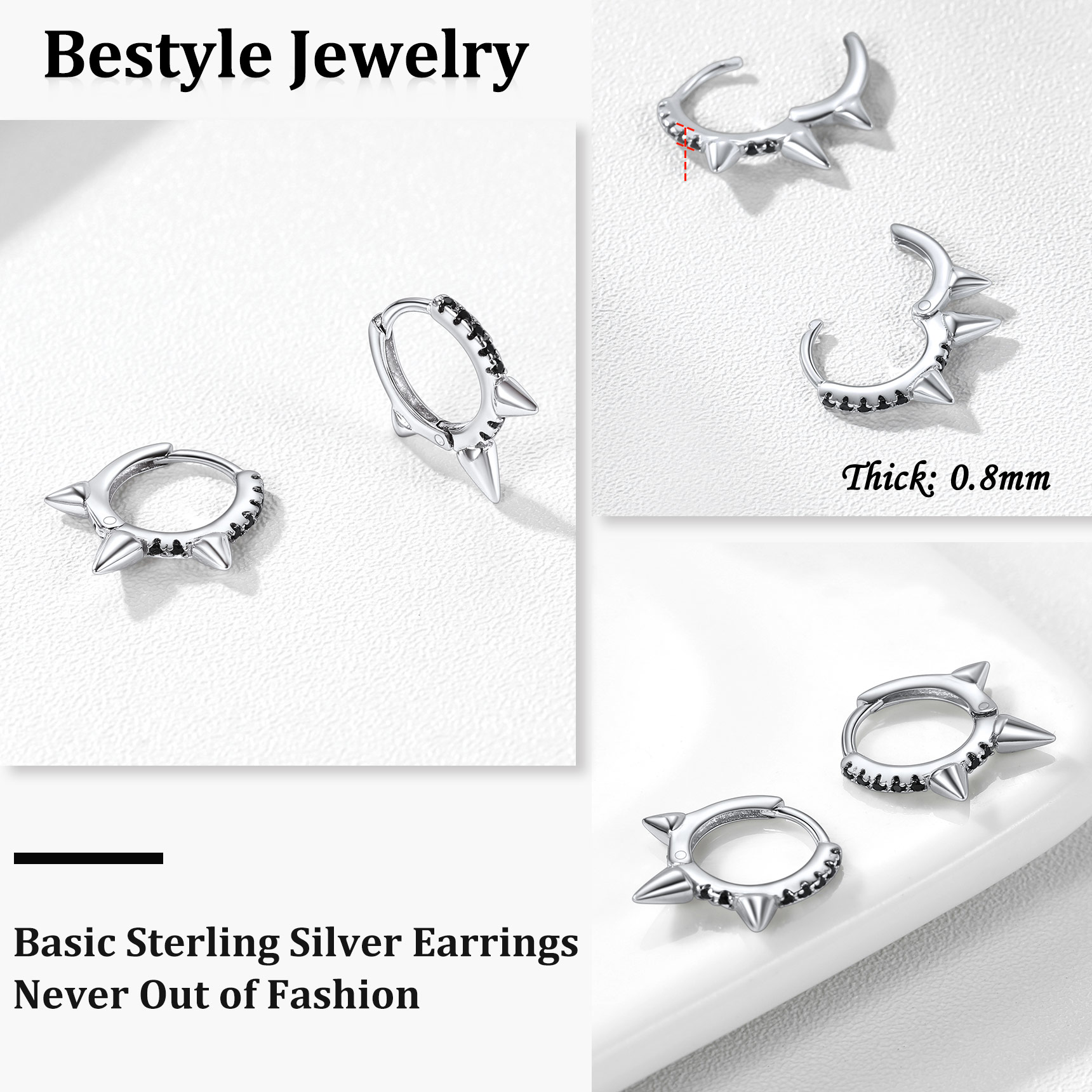 Sterling Silver Zircon Black Huggie Earrings For Men 