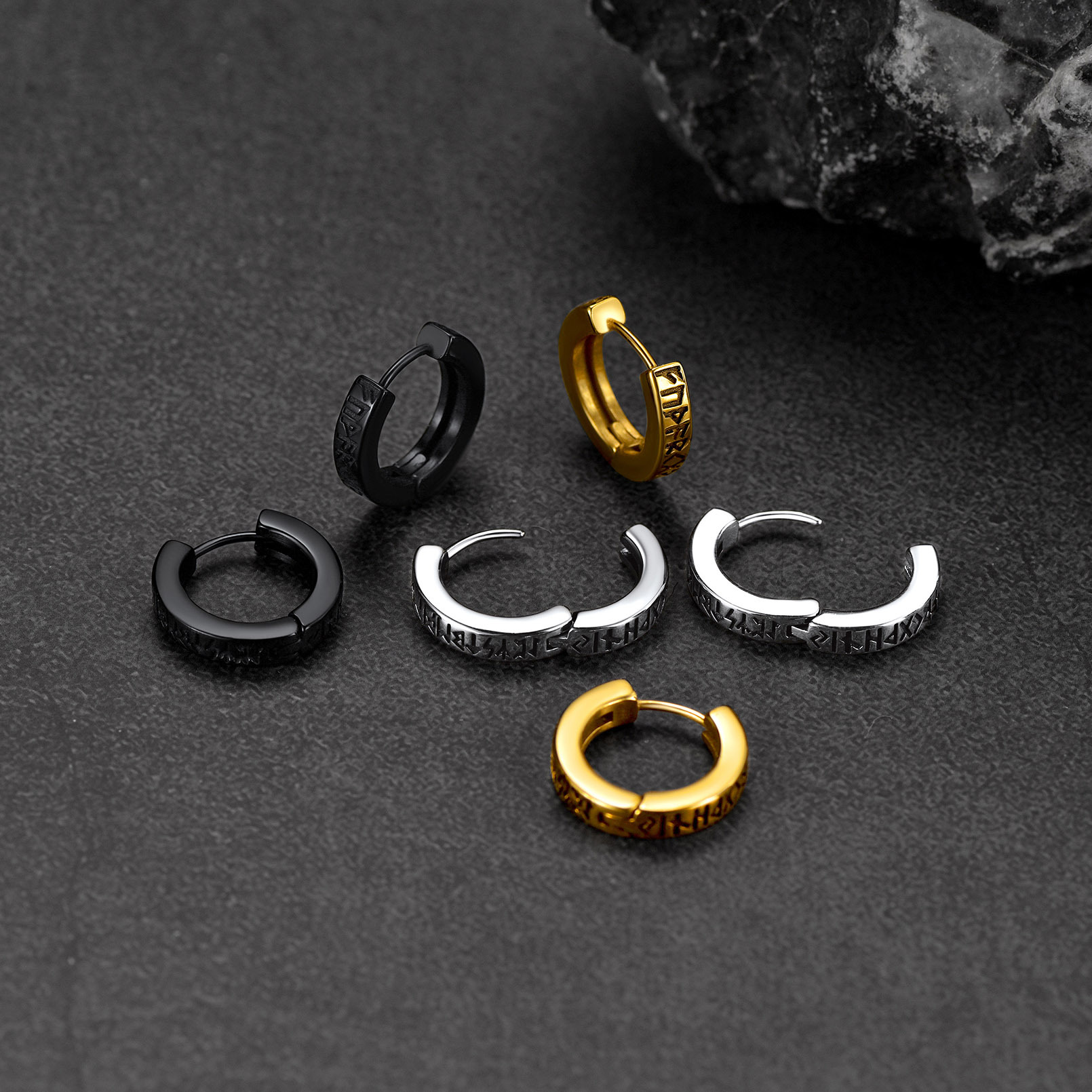 Viking Rune Huggie Hoop Earrings for Men