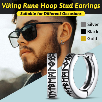 Viking Rune Huggie Hoop Earrings for Men