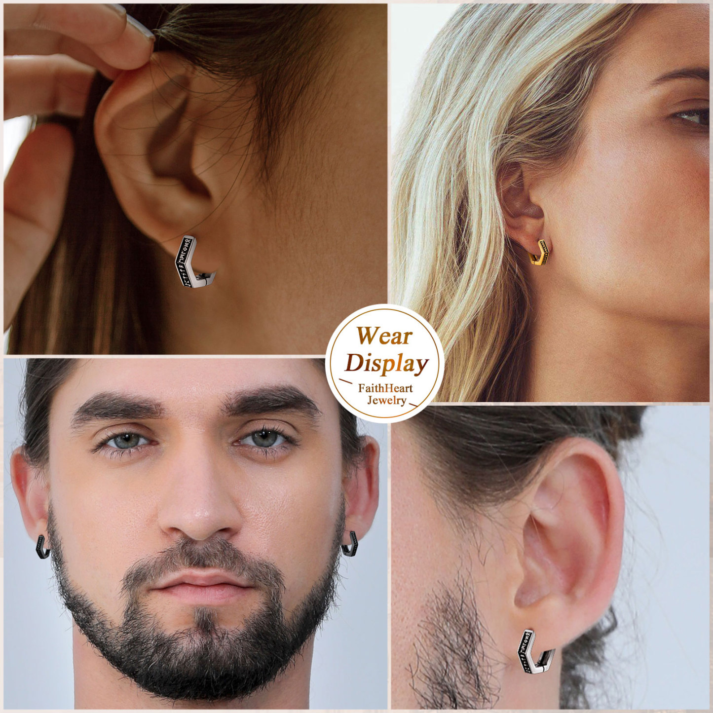 Hexagon Runes Hoops Earring for Men