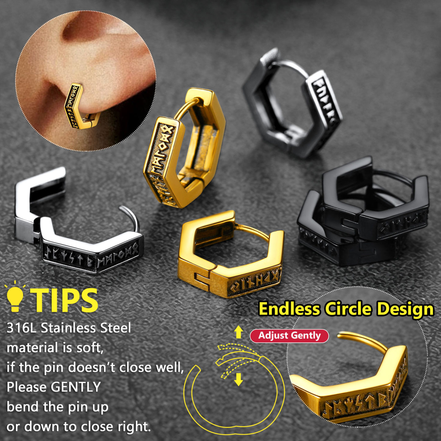 Hexagon Runes Hoops Earring for Men