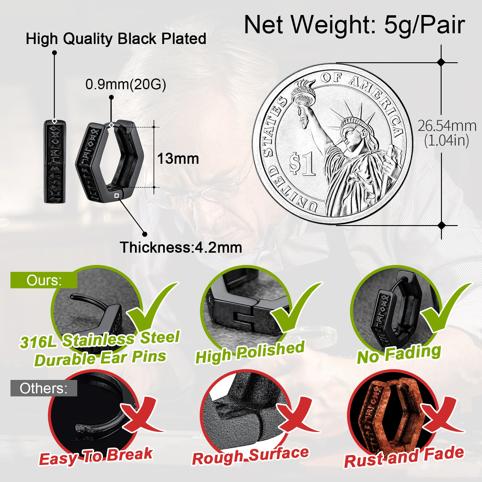 Hexagon Runes Hoops Earring for Men