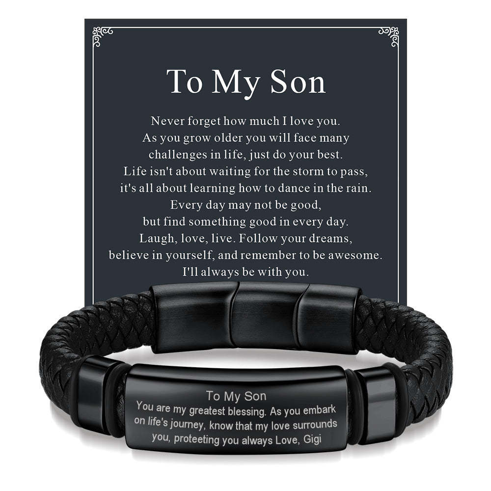 Black leather bracelet gift for son with heartfelt message