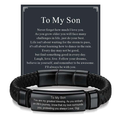 Black leather bracelet gift for son with heartfelt message