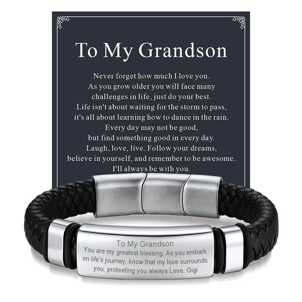 Black leather bracelet gift for grandson, Gigi