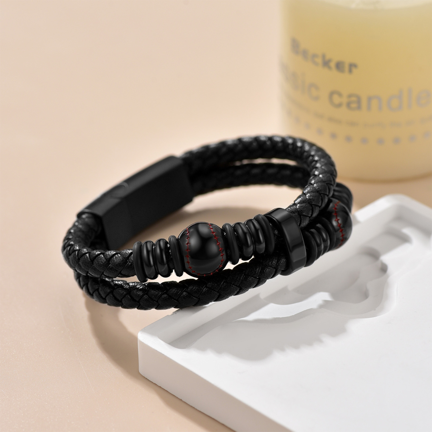 Baseball Beaded Woven Leather Bracelet With Magnetic Buckle